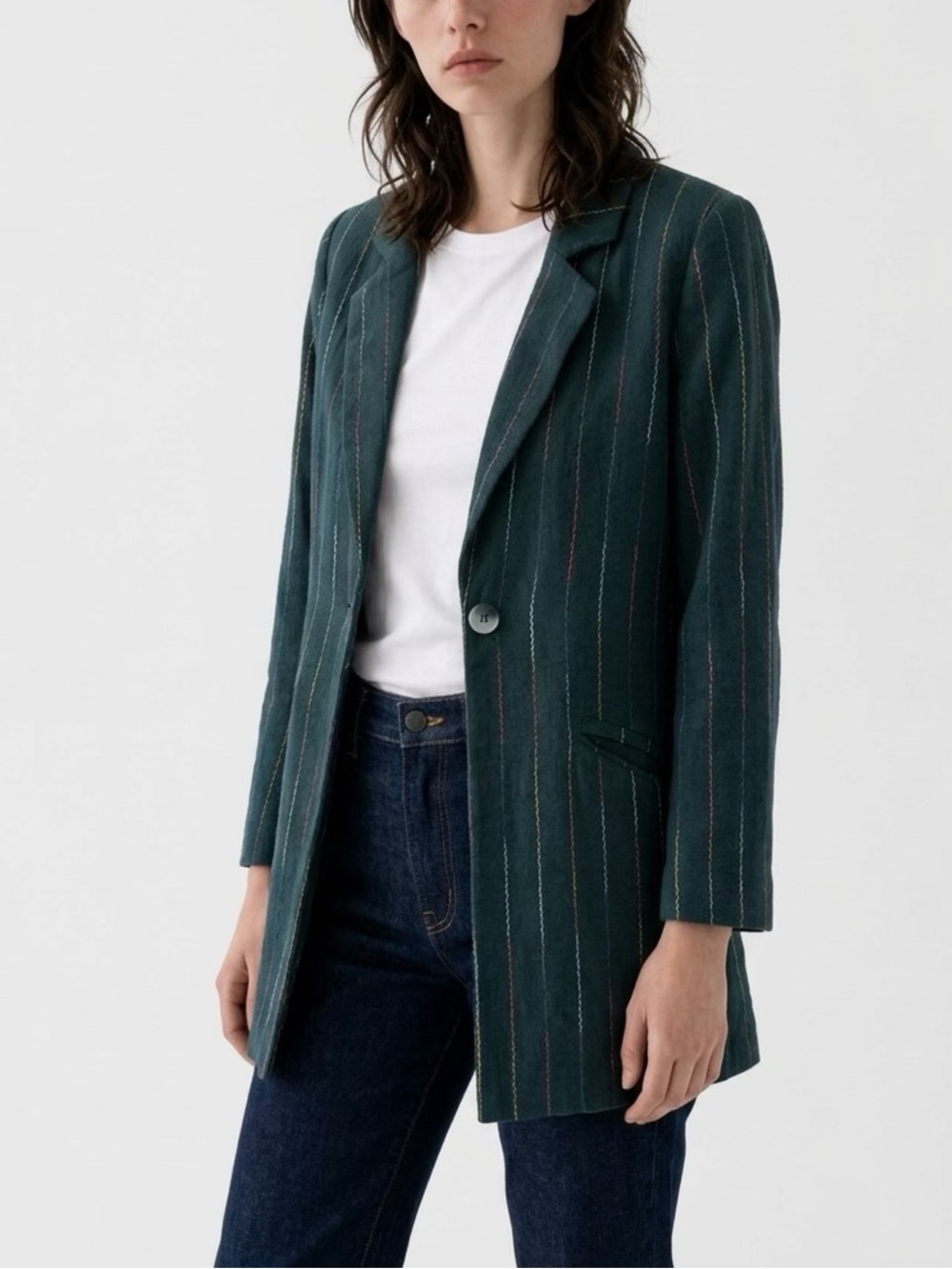 Moon River Forest Green Cotton Pinstripe Oversized Long Blazer Jacket Size XS